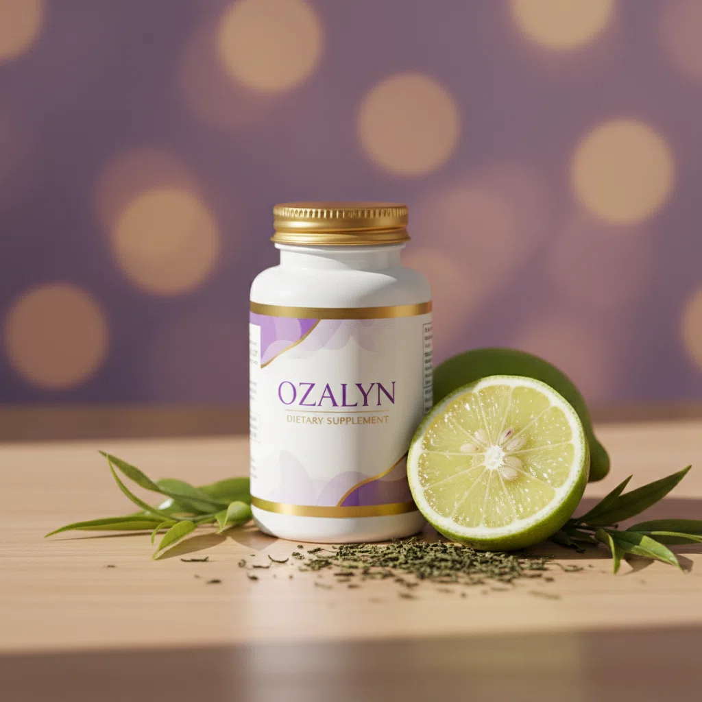 Close-up van Ozalyn supplement fles met groene thee bladeren en citroen