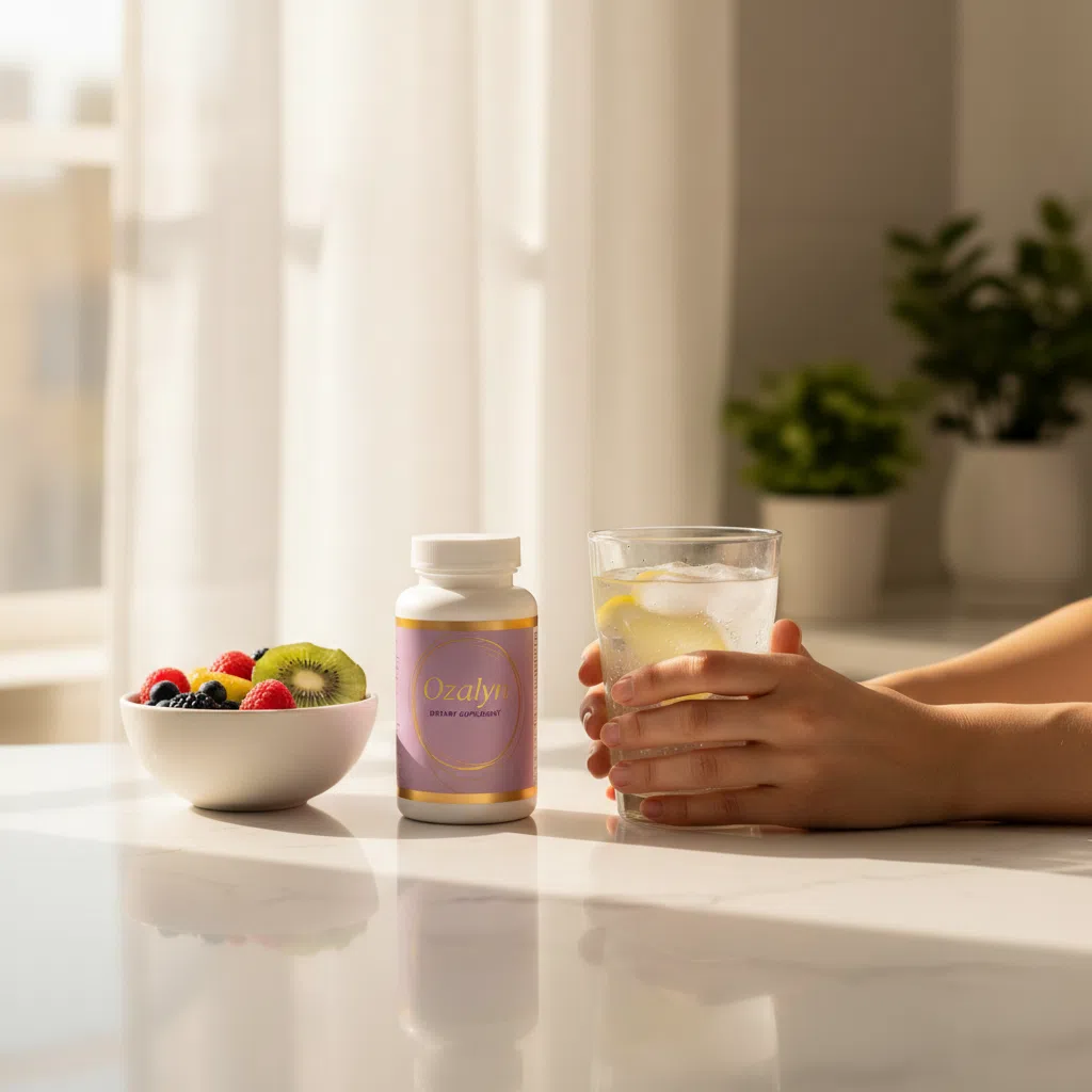 Handen houden een glas water vast naast de Ozalyn fles en vers fruit op een keukenblad